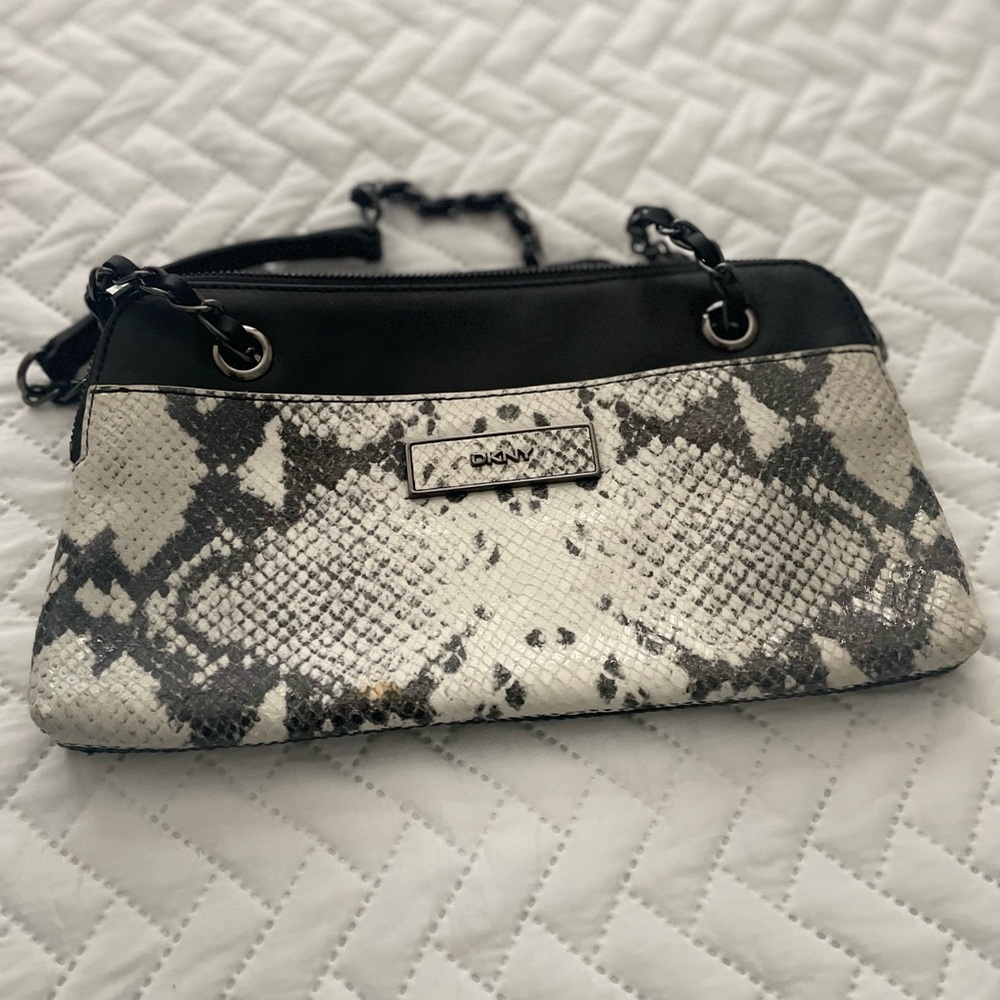 DKNY Black and Gray Shoulder Bag with Snakeskin Print